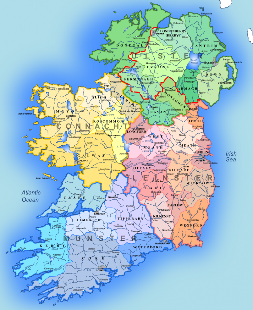 Carte de l'Irlande avec délimitation de la partie Nord.